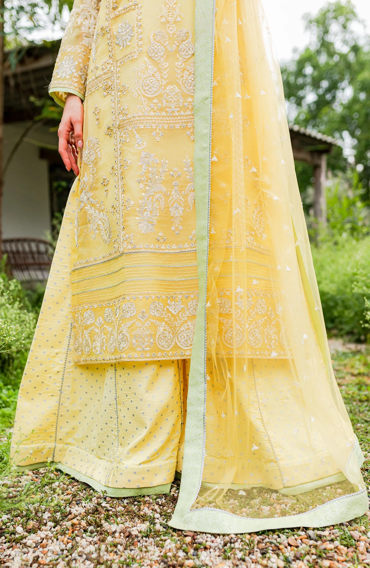 Classic Yellow Embroidered Pakistani Salwar Kameez in Plazo Style