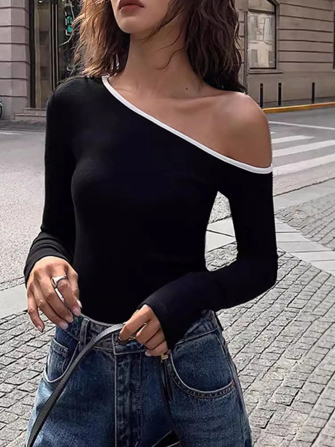 Contrast Trim One Shoulder Long Sleeve Top S-XL