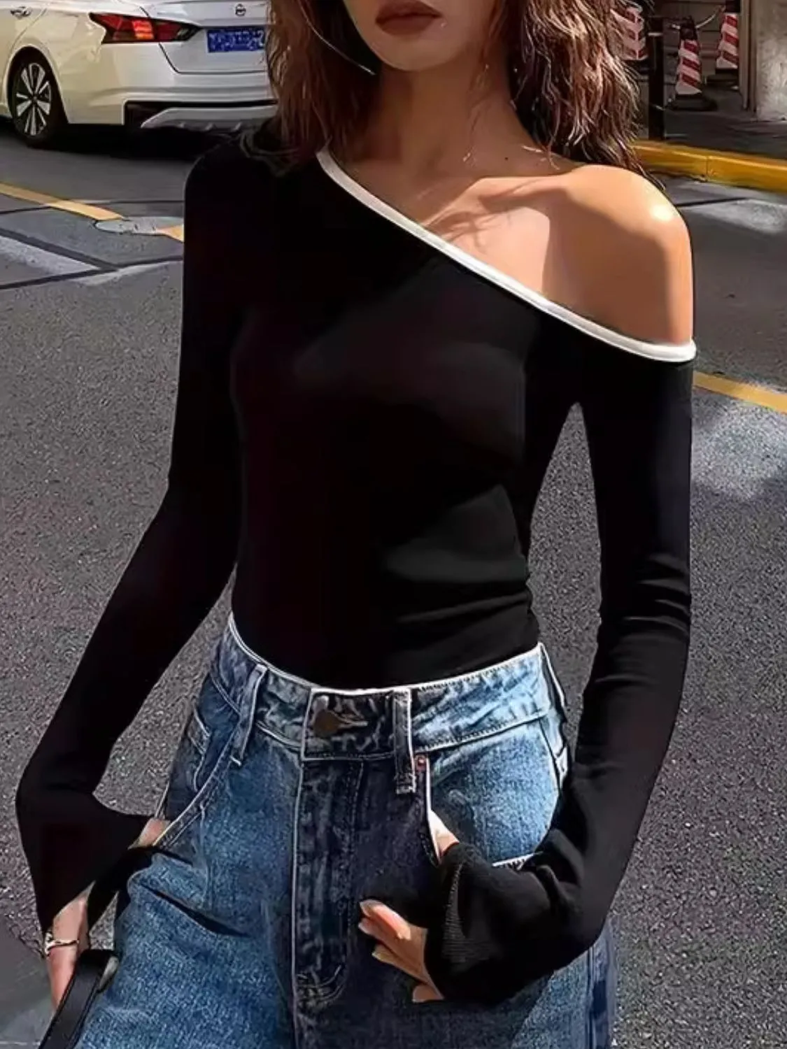 Contrast Trim One Shoulder Long Sleeve Top S-XL