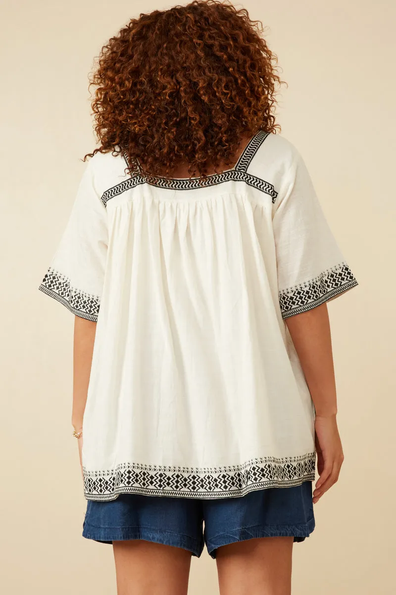 Cotton Slub Textured Embroidered Square Neck Top