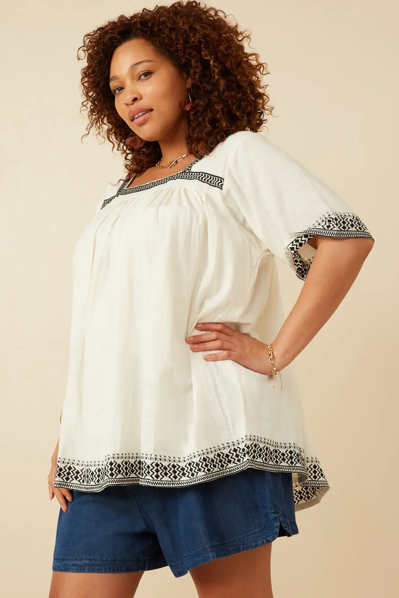 Cotton Slub Textured Embroidered Square Neck Top