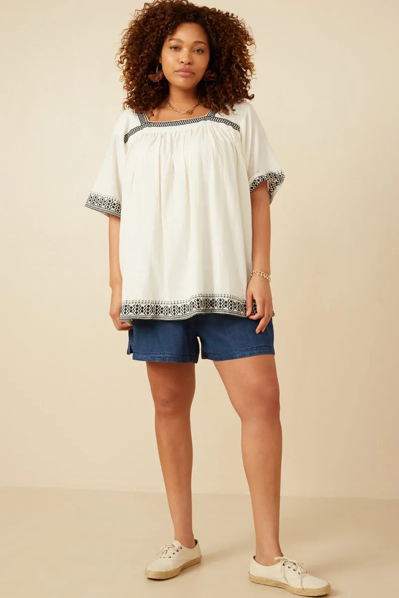 Cotton Slub Textured Embroidered Square Neck Top