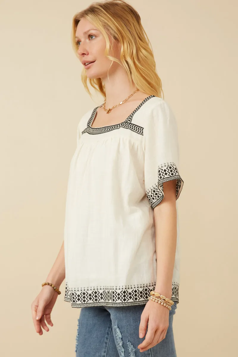 Cotton Slub Textured Embroidered Square Neck Top