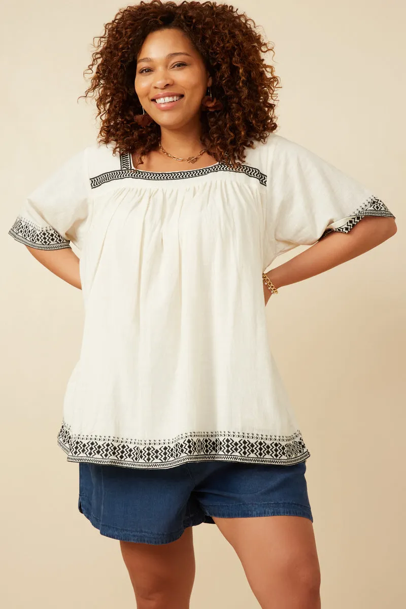 Cotton Slub Textured Embroidered Square Neck Top