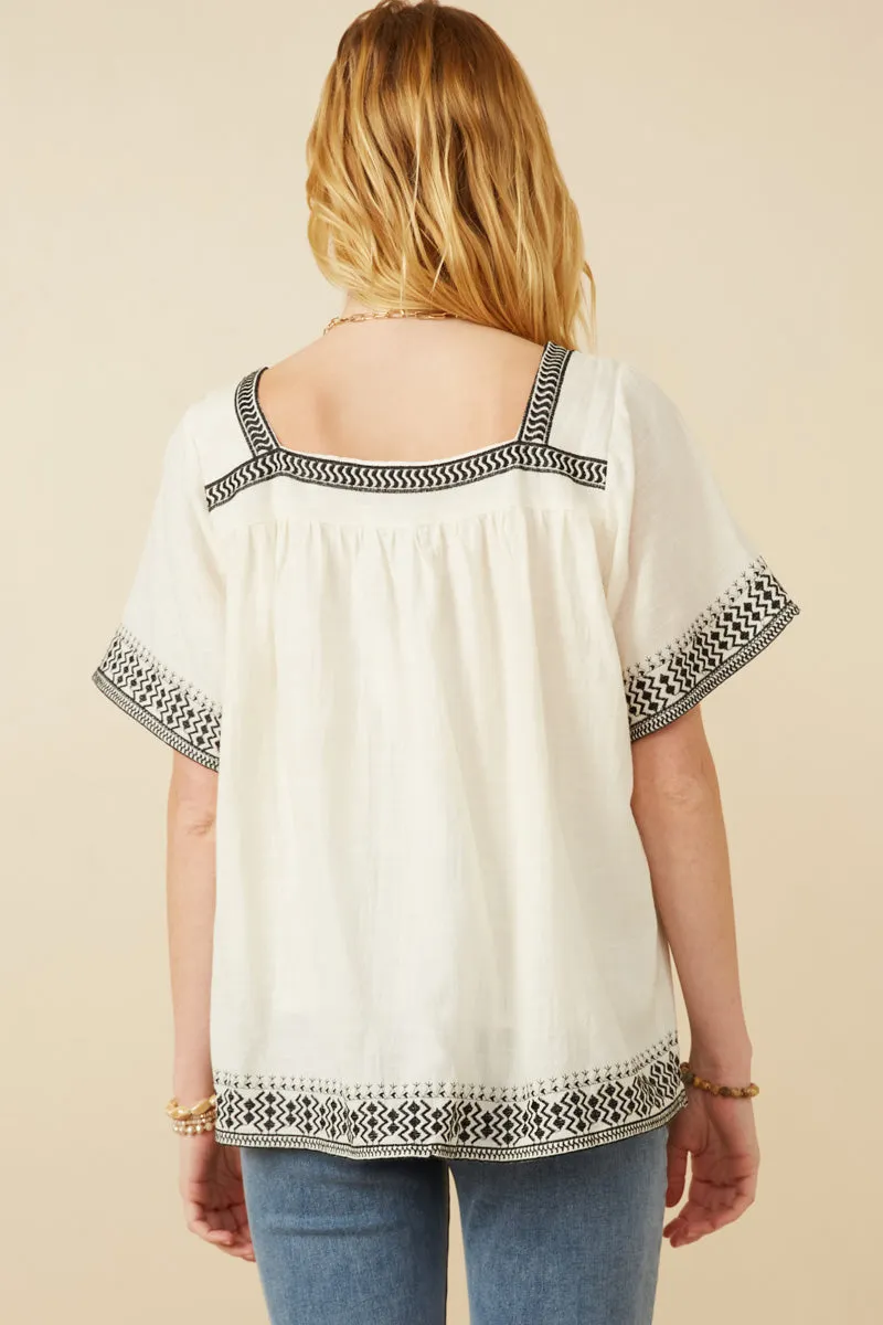 Cotton Slub Textured Embroidered Square Neck Top
