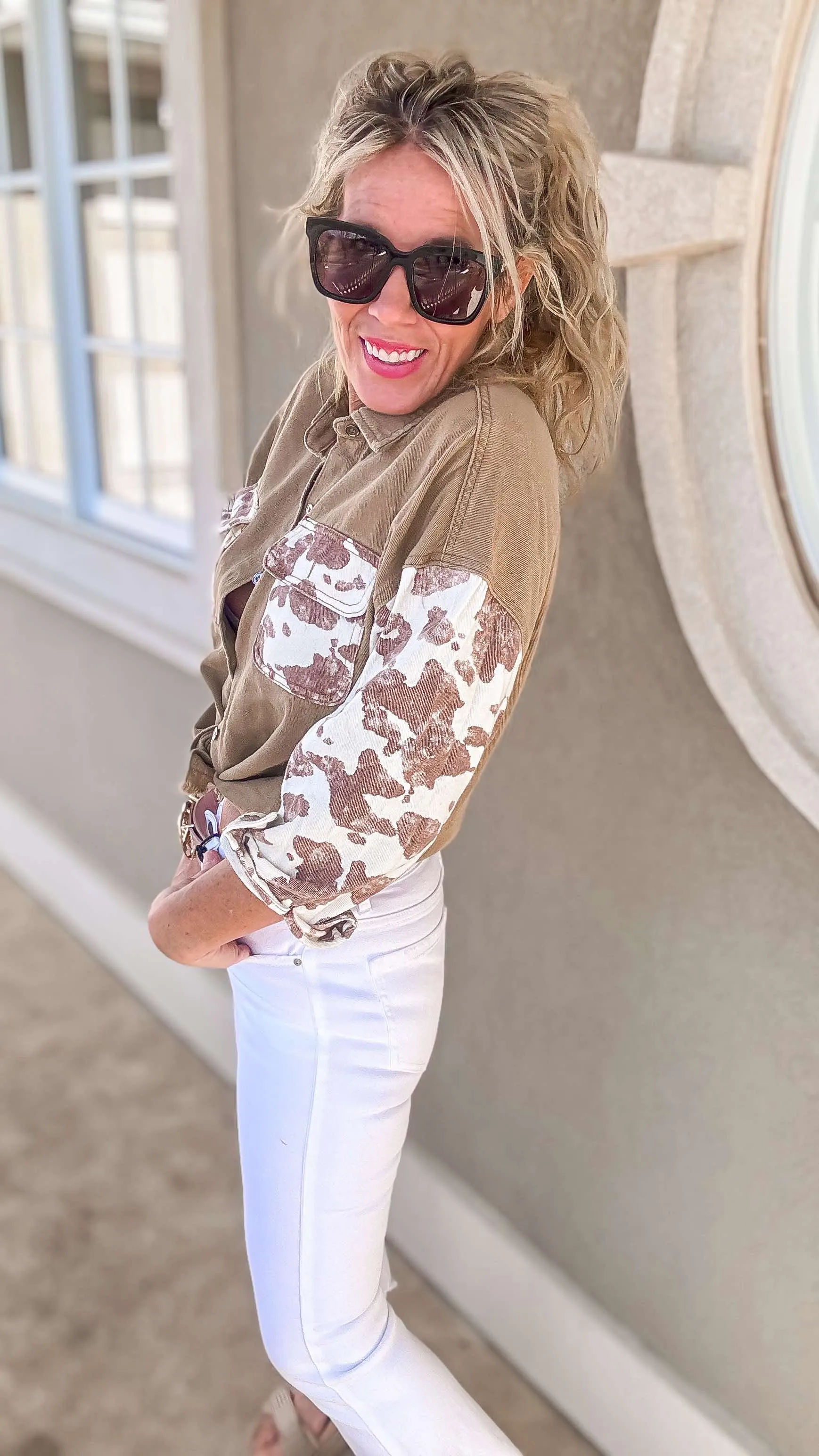 Cow Printed Denim Button-Down Shirts Jacket