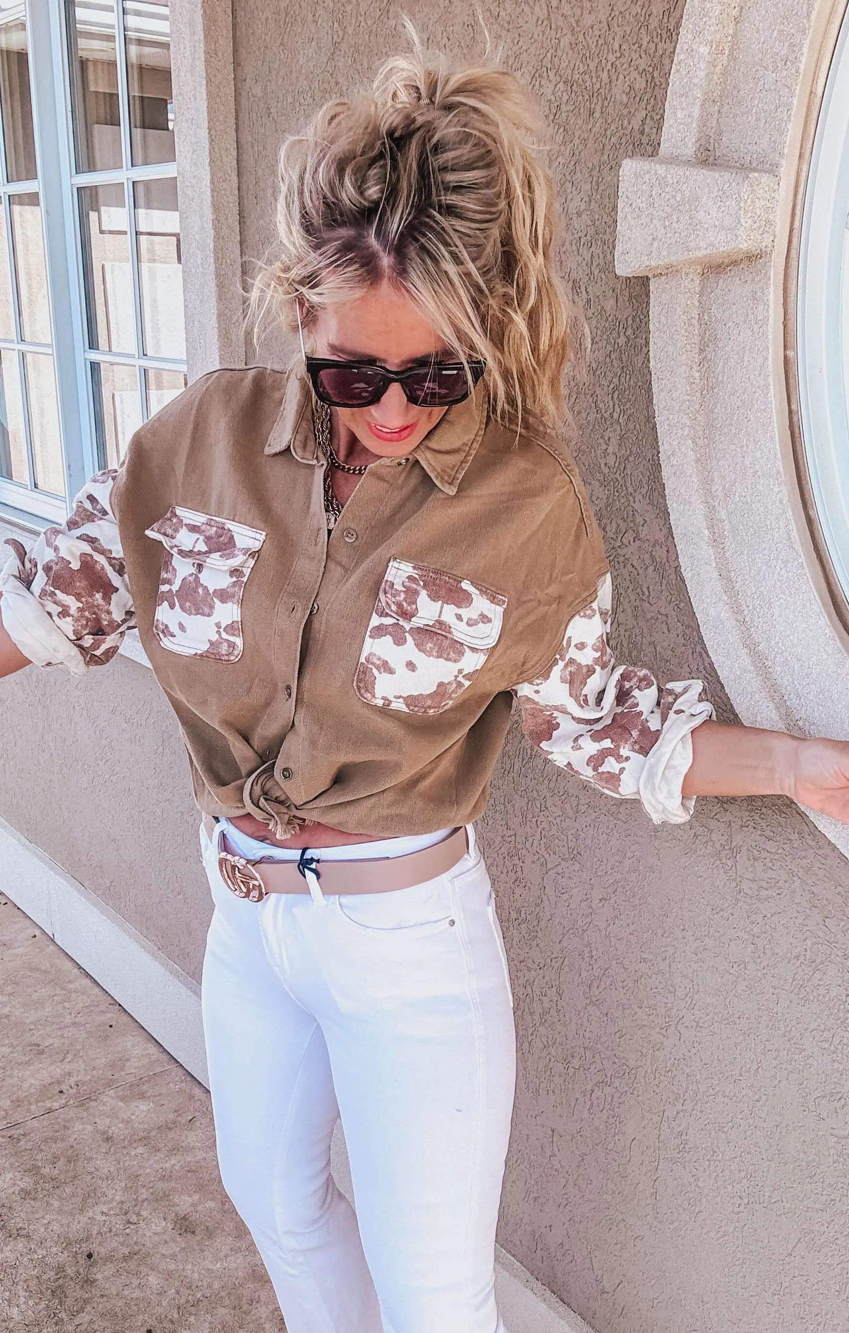 Cow Printed Denim Button-Down Shirts Jacket
