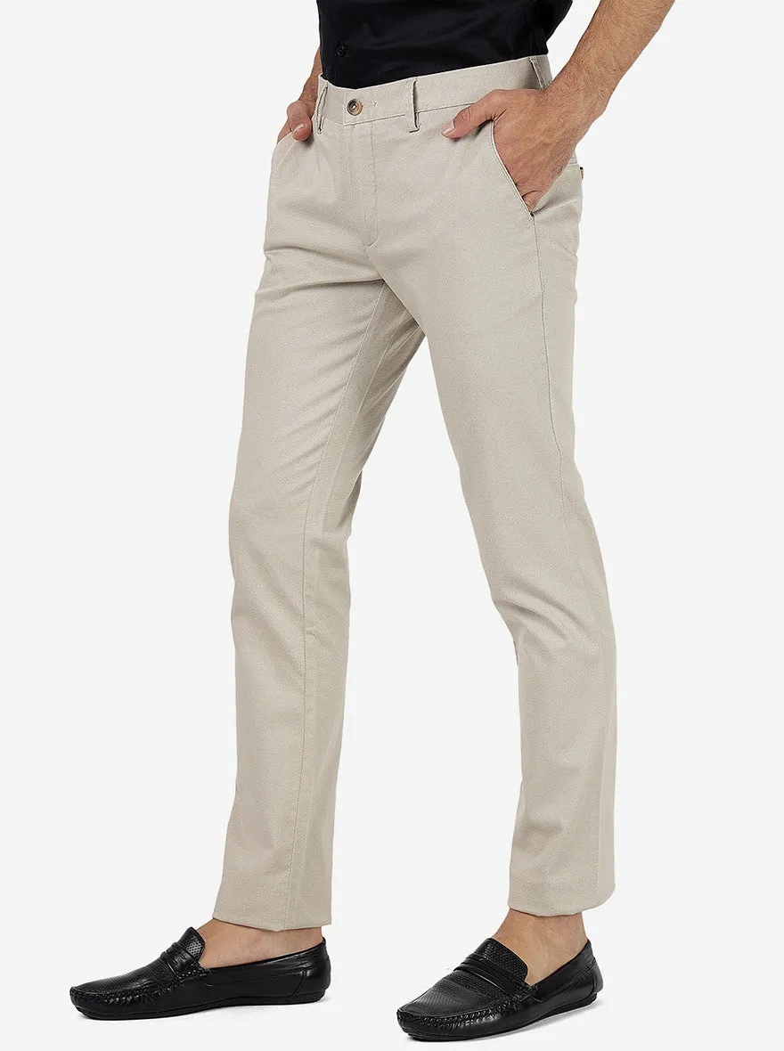 Cream Solid Super Slim Fit Casual Trouser | Greenfibre