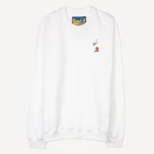 Crewneck Pullover Sweatshirt with Embroidered Icon - White / Popcorn