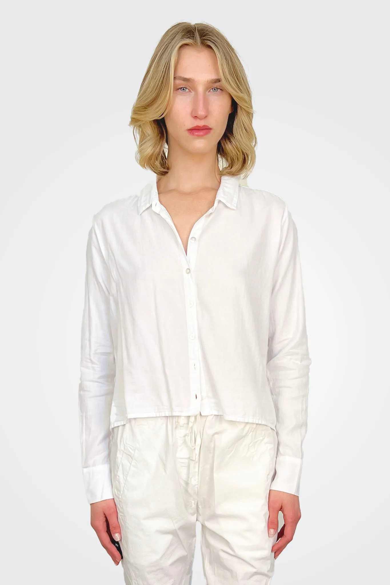 Cropped Button Down - White