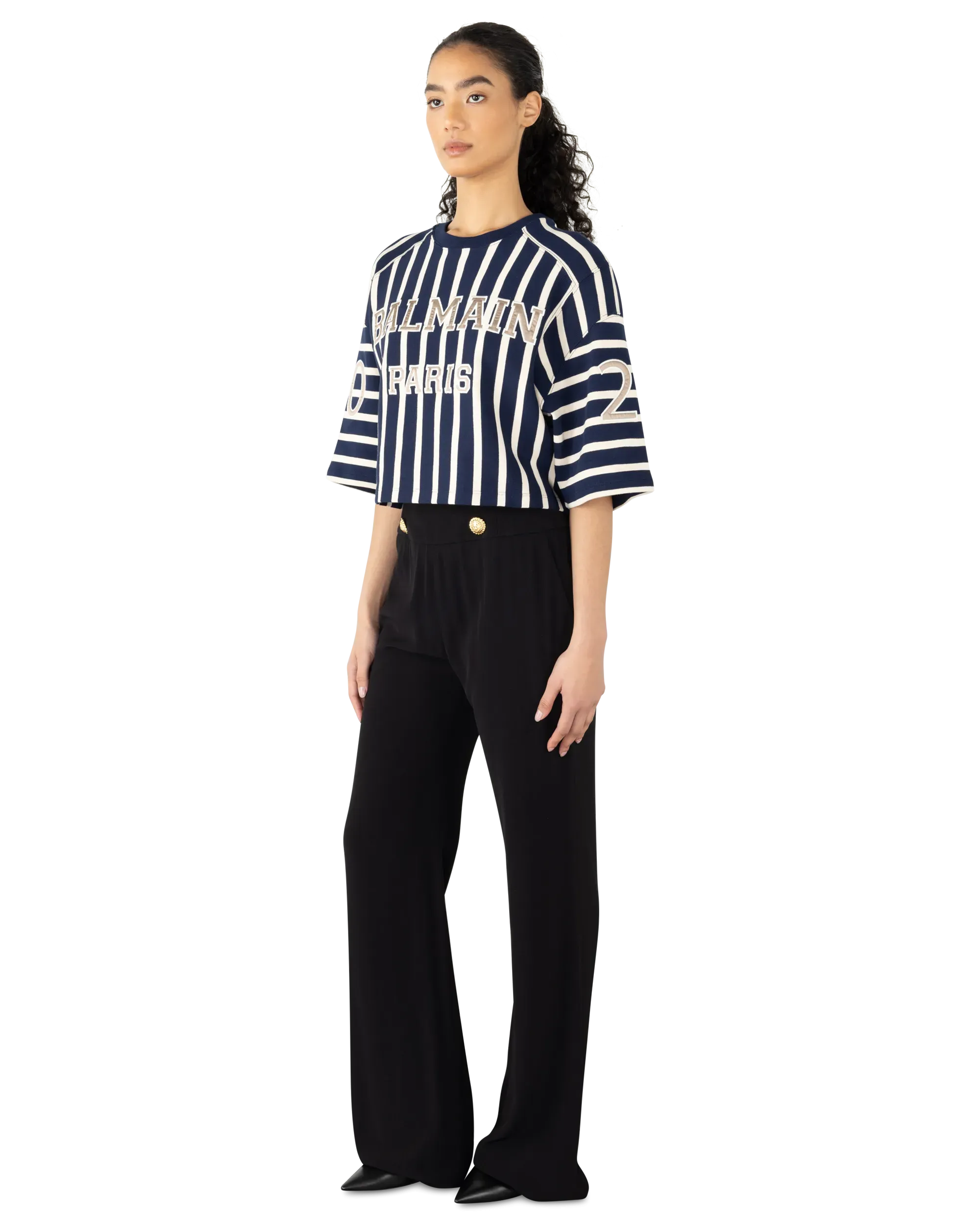 Cropped Striped Balmain Baseball T-Shirt
