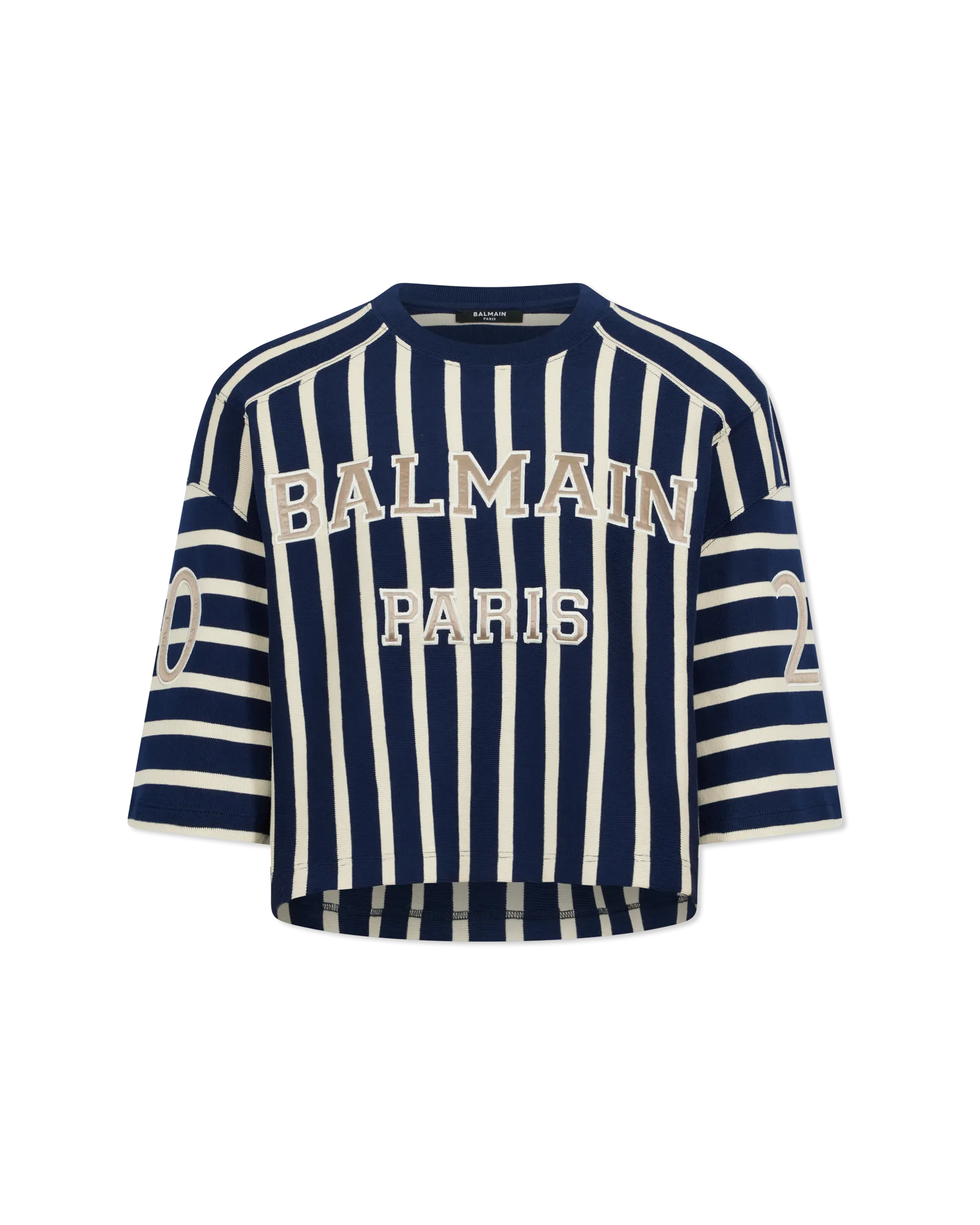 Cropped Striped Balmain Baseball T-Shirt