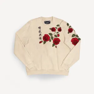 Crushed Washed Fleece Crewneck with Luxury Embroidery - Tapioca / Kanji Good Vibes