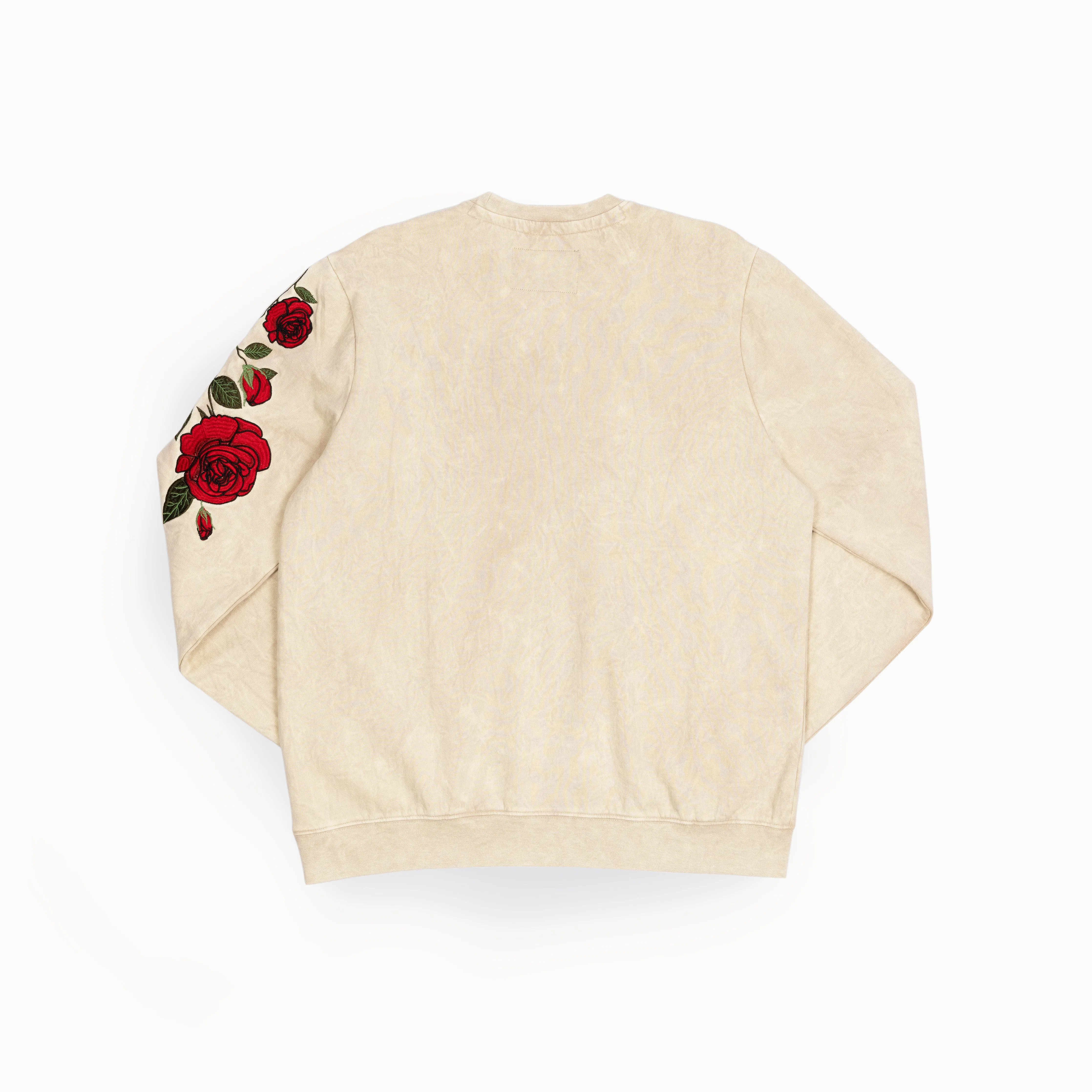 Crushed Washed Fleece Crewneck with Luxury Embroidery - Tapioca / Kanji Good Vibes