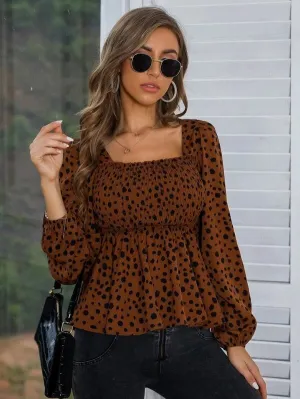 Dalmatian Print Square Neck Shirred Peplum Blouse( CLEARANCE SALE