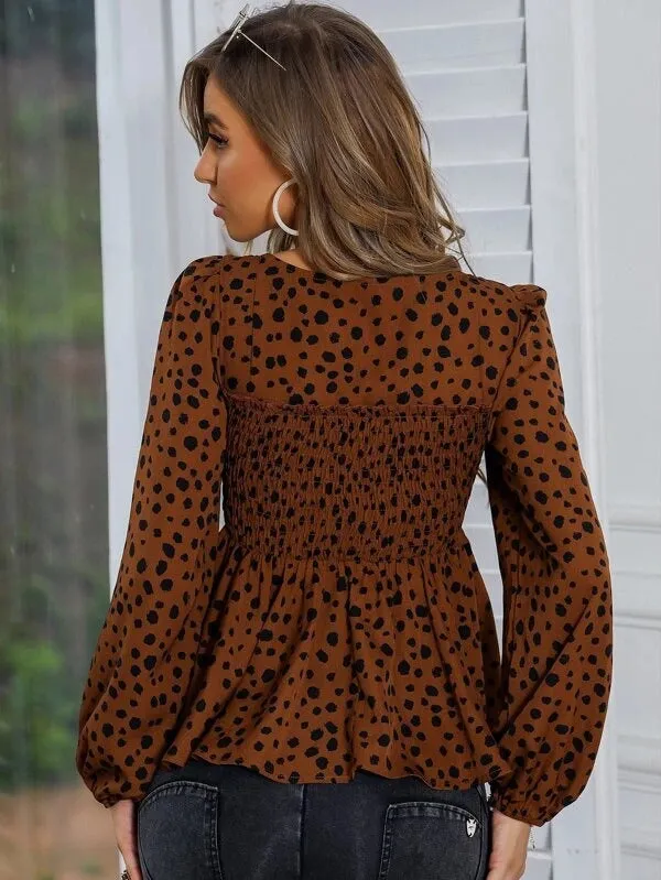 Dalmatian Print Square Neck Shirred Peplum Blouse( CLEARANCE SALE