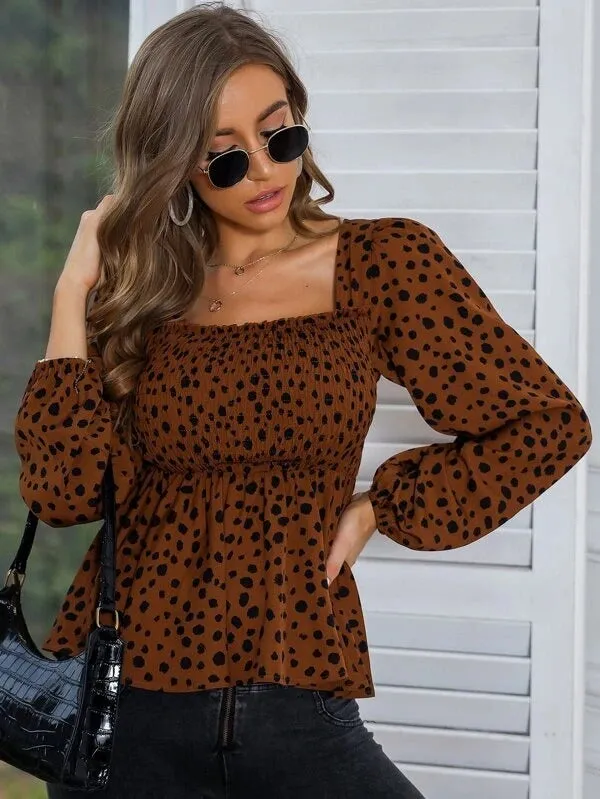 Dalmatian Print Square Neck Shirred Peplum Blouse( CLEARANCE SALE
