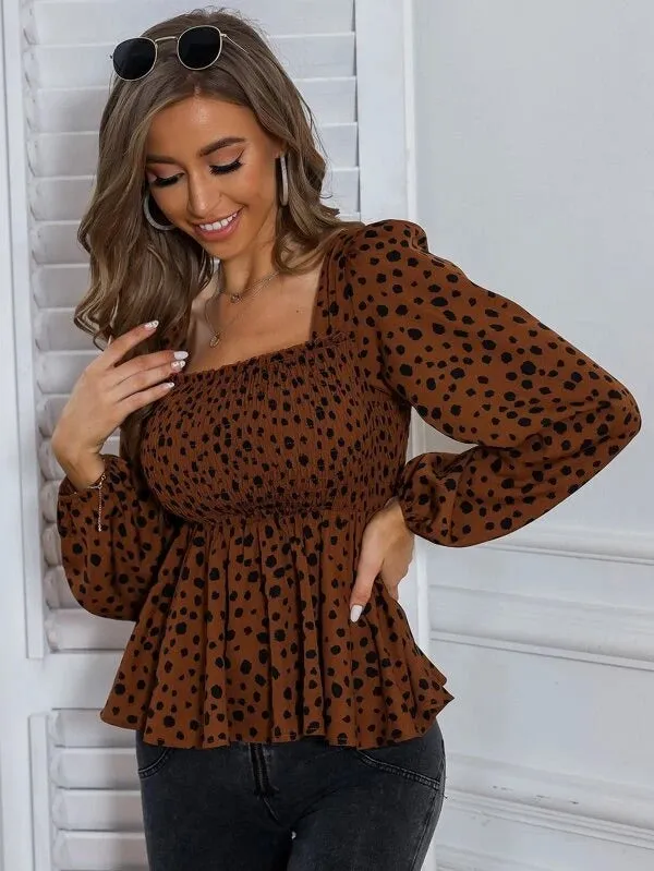 Dalmatian Print Square Neck Shirred Peplum Blouse( CLEARANCE SALE
