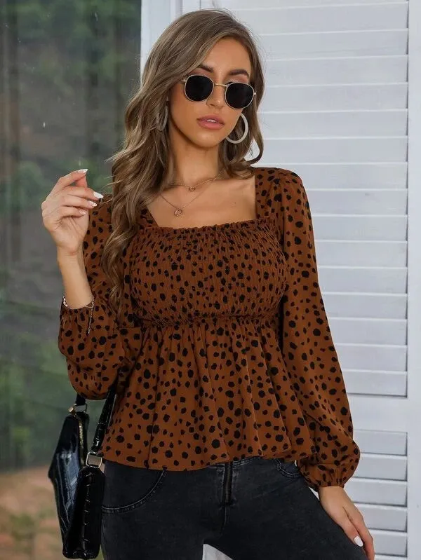 Dalmatian Print Square Neck Shirred Peplum Blouse( CLEARANCE SALE