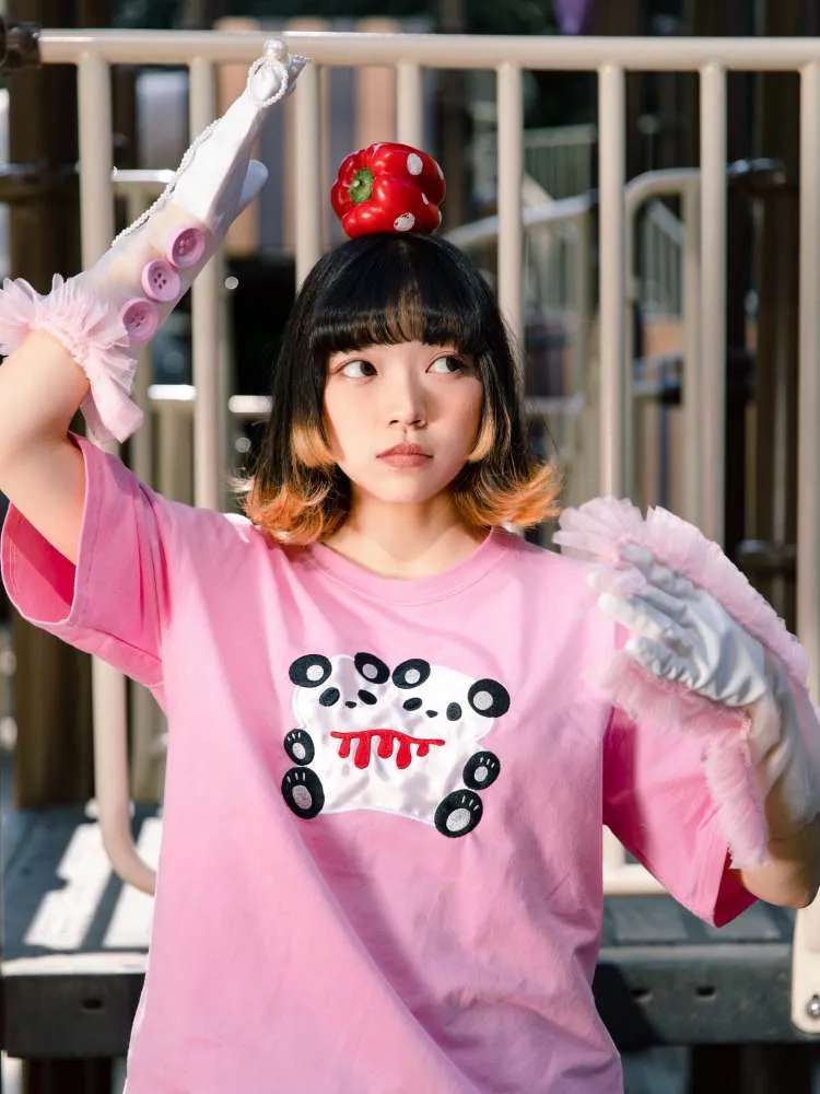 Double Panda Embroidered T-Shirt