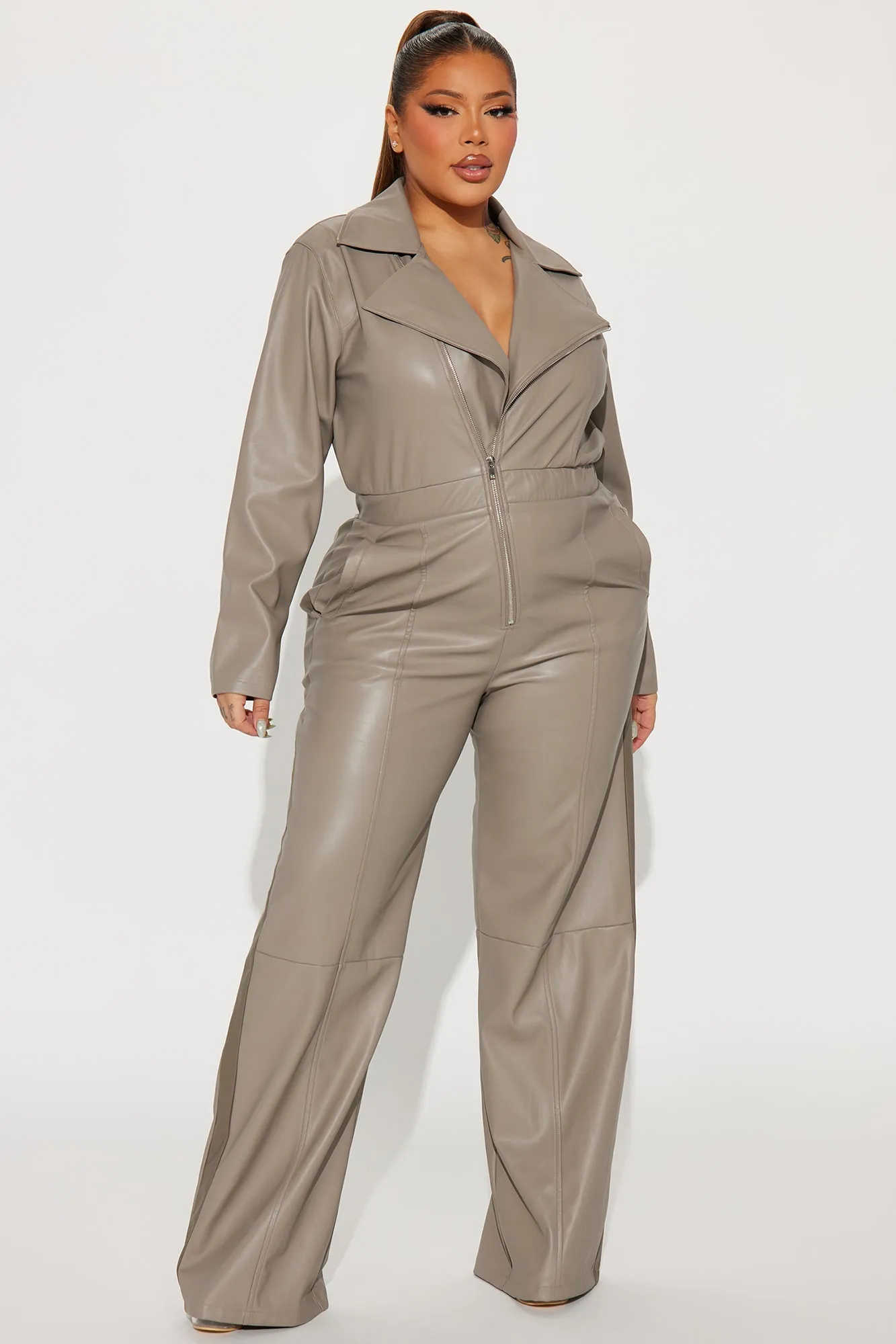 Downtown Gal Faux Leather Jumpsuit - Grey