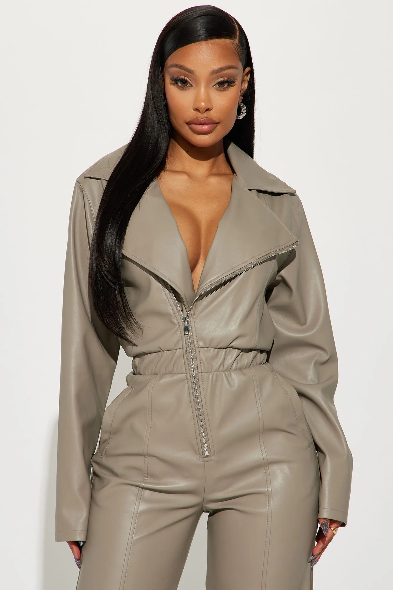 Downtown Gal Faux Leather Jumpsuit - Grey