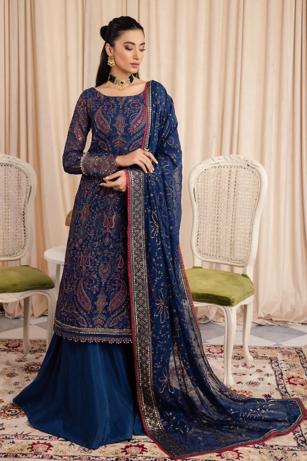 Elegant Royal Blue Pakistani Salwar Suit in Kameez Palzo Style