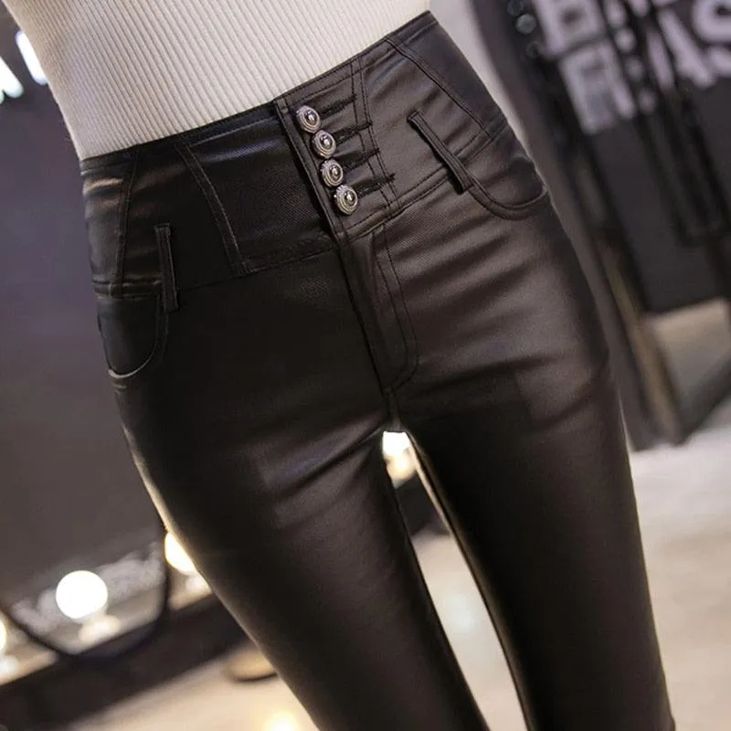 Elevate Your Style with our PU Leather Velvet Trousers Elastic Pencil Skinny Pants