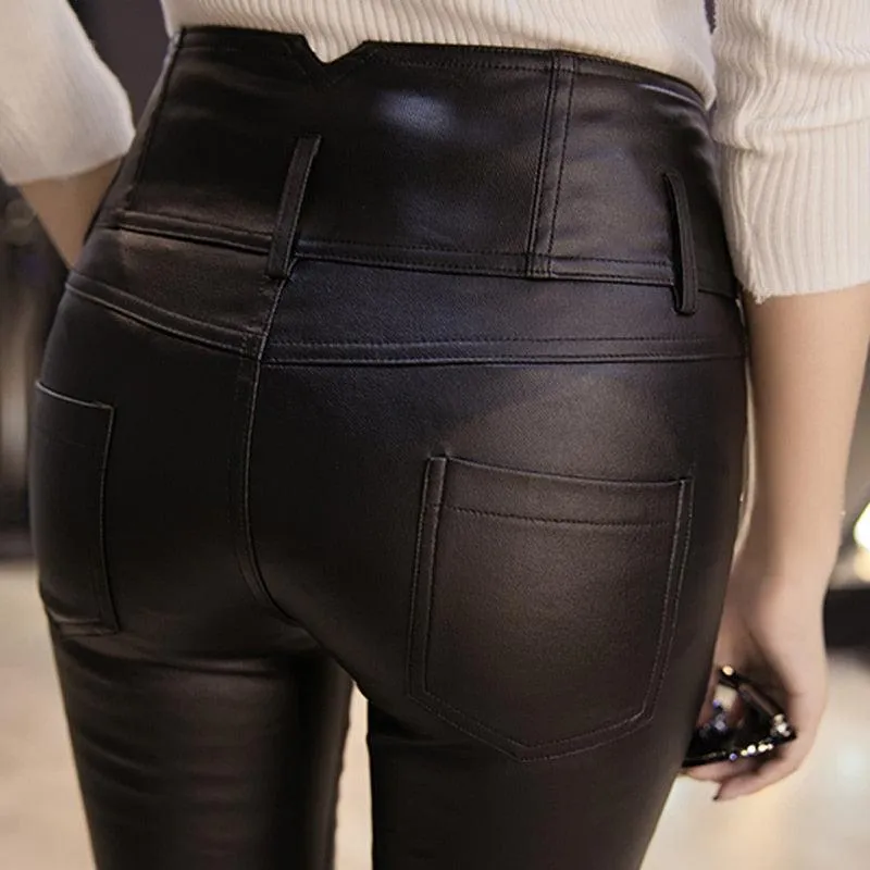 Elevate Your Style with our PU Leather Velvet Trousers Elastic Pencil Skinny Pants