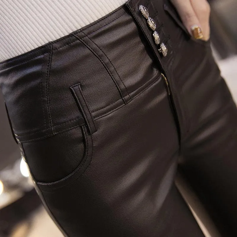 Elevate Your Style with our PU Leather Velvet Trousers Elastic Pencil Skinny Pants