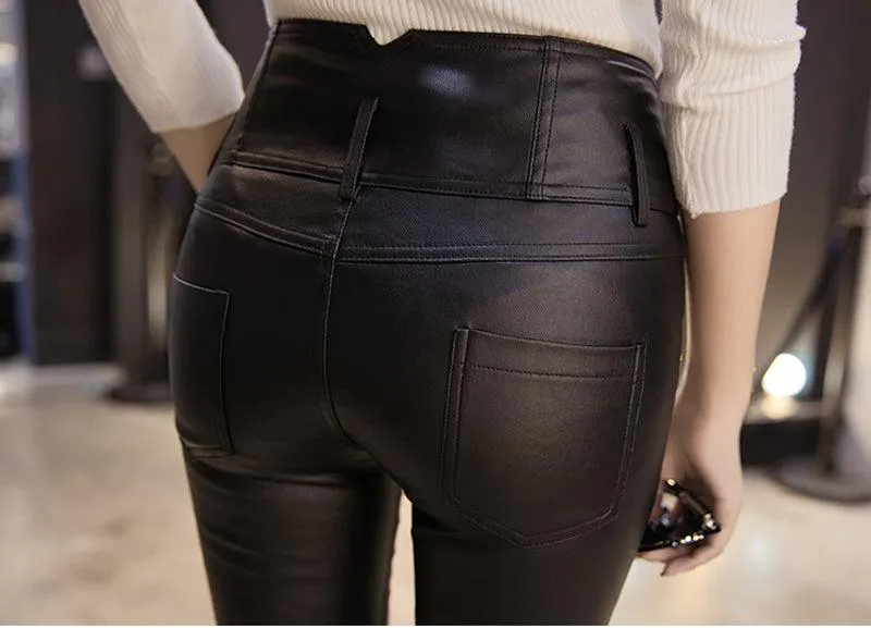 Elevate Your Style with our PU Leather Velvet Trousers Elastic Pencil Skinny Pants