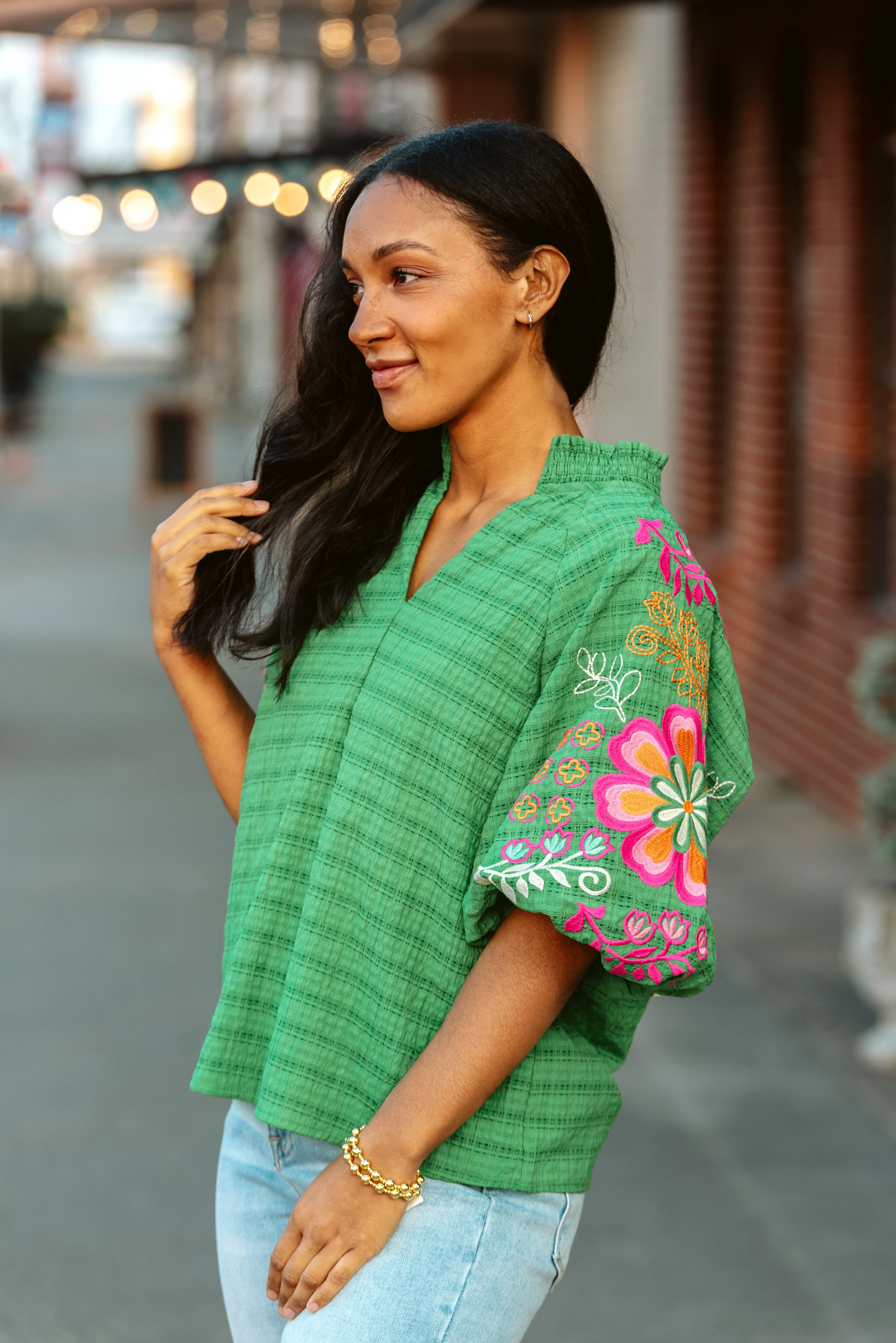 Elsie Embroidered Puff Sleeve V-Neck Top