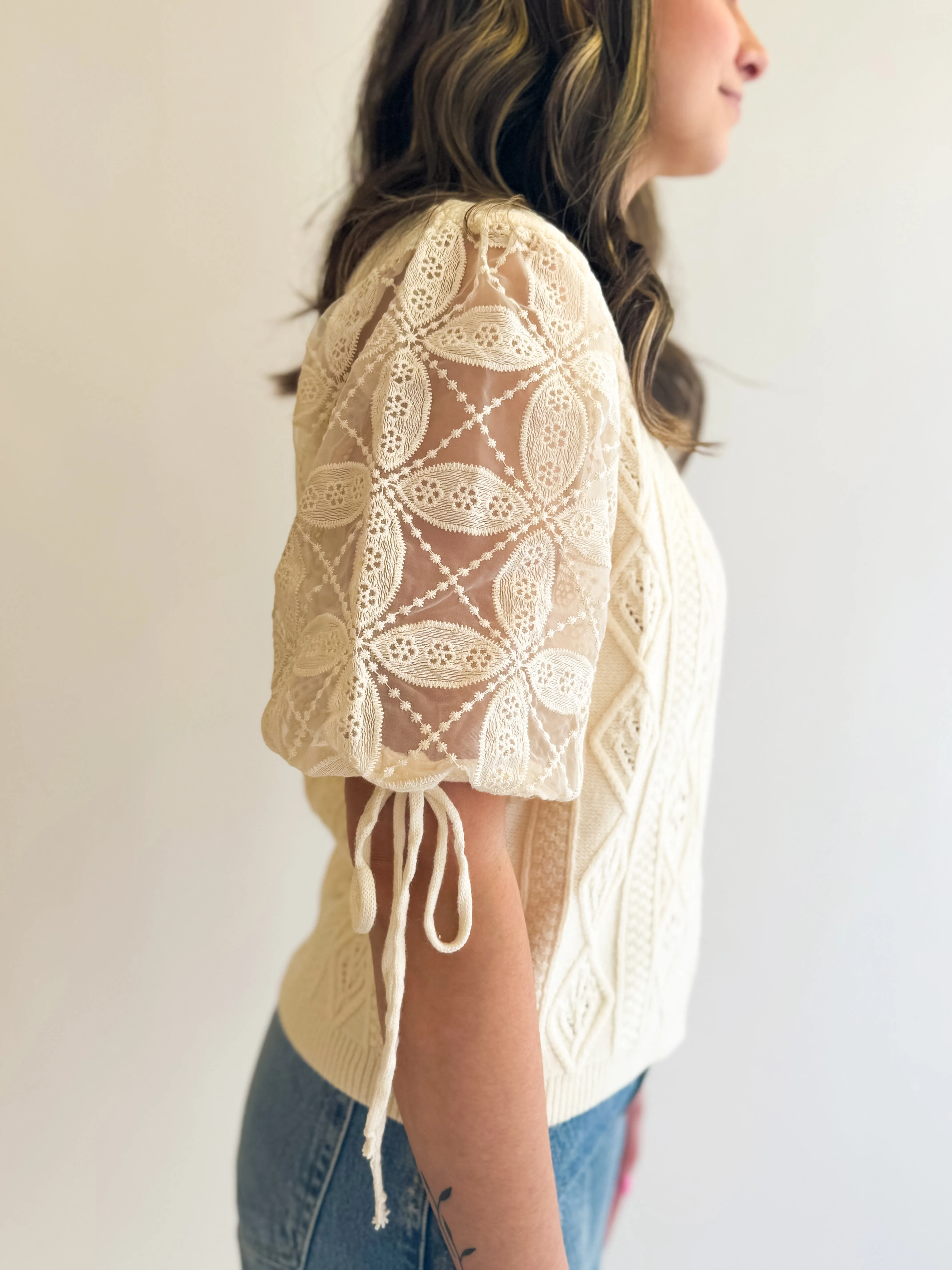 Embroidered Sleeve Knit Top