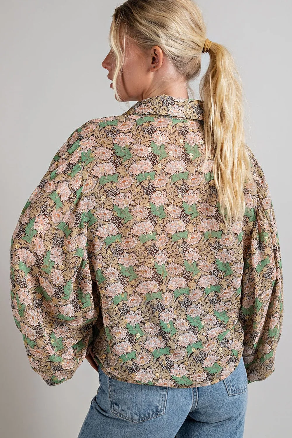 Floral Green Button Down Puff Sleeve Blouse | FINAL SALE
