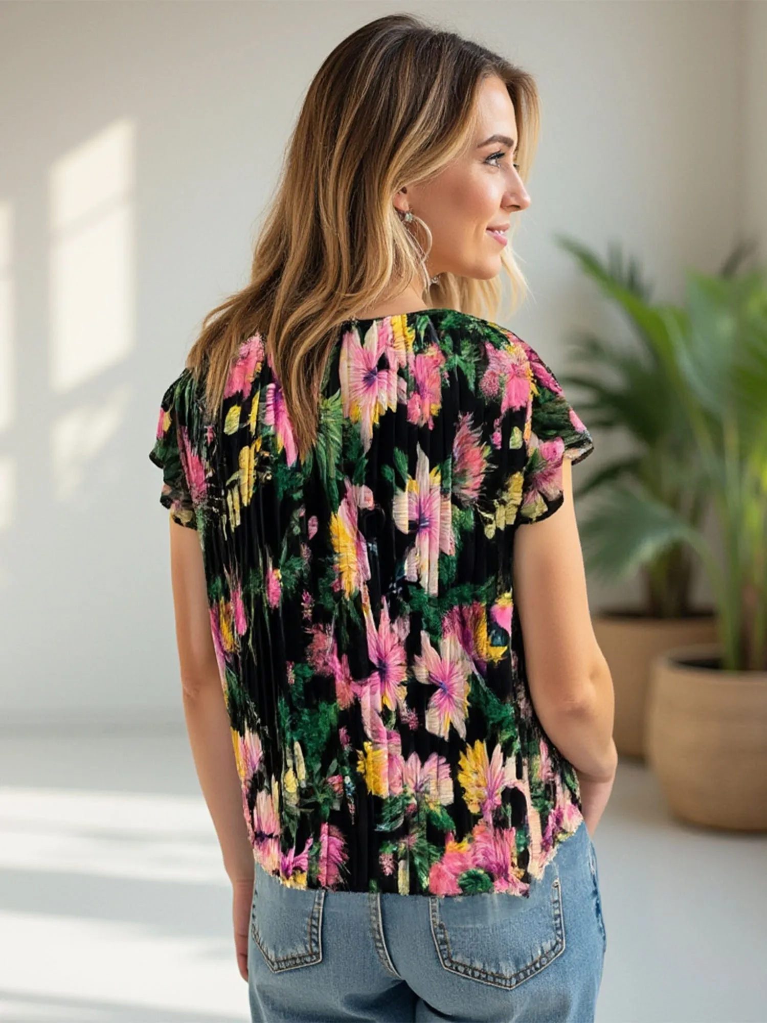 Floral Pleated Ruffle Top