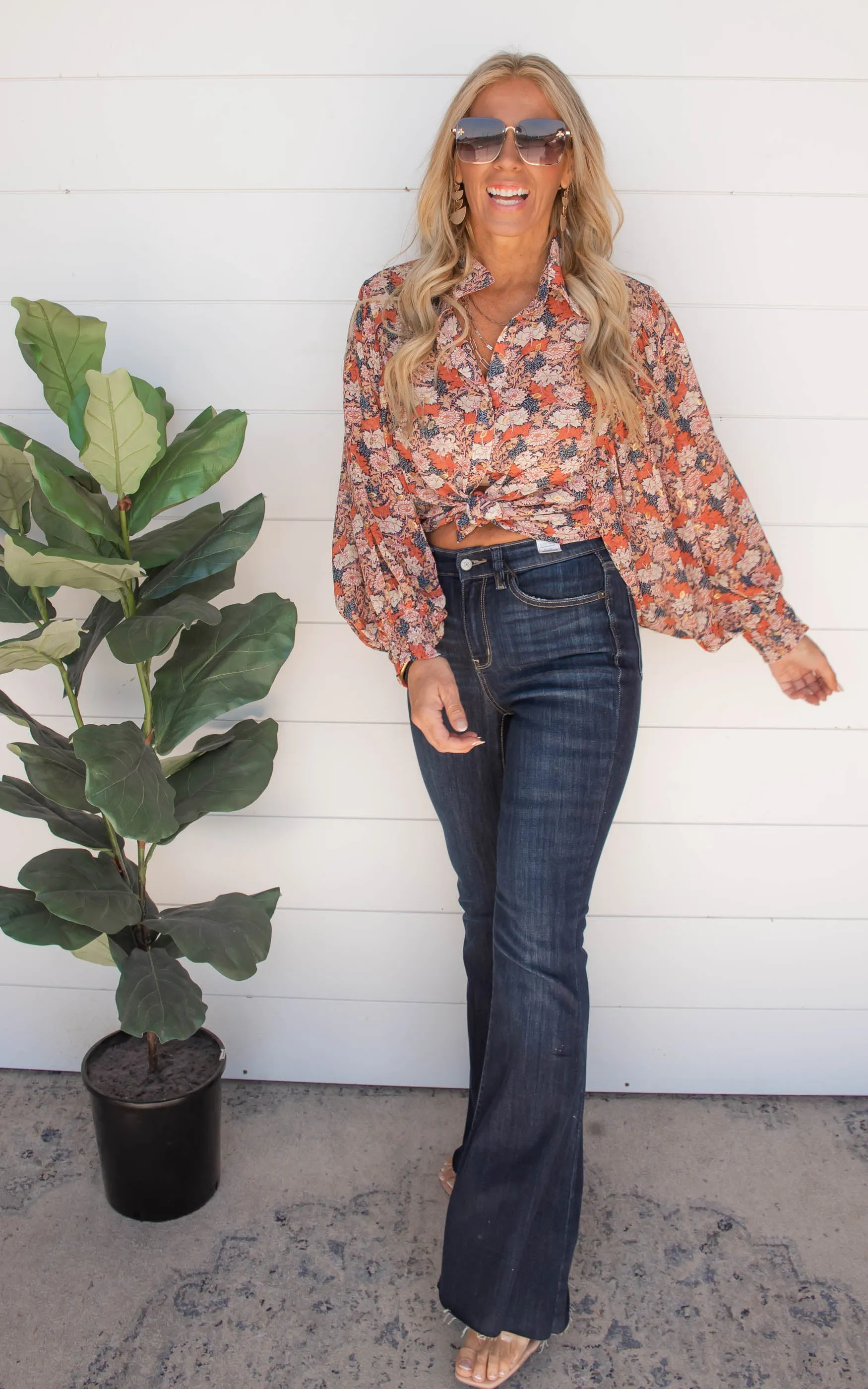 Floral Terracotta Button Down Puff Sleeve Blouse | FINAL SALE