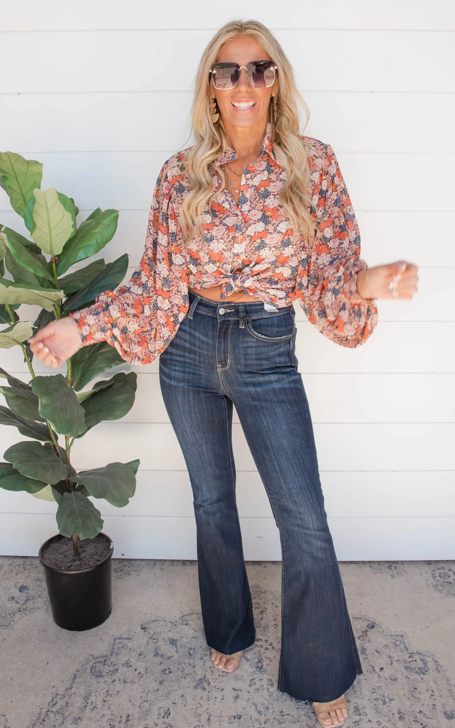 Floral Terracotta Button Down Puff Sleeve Blouse | FINAL SALE