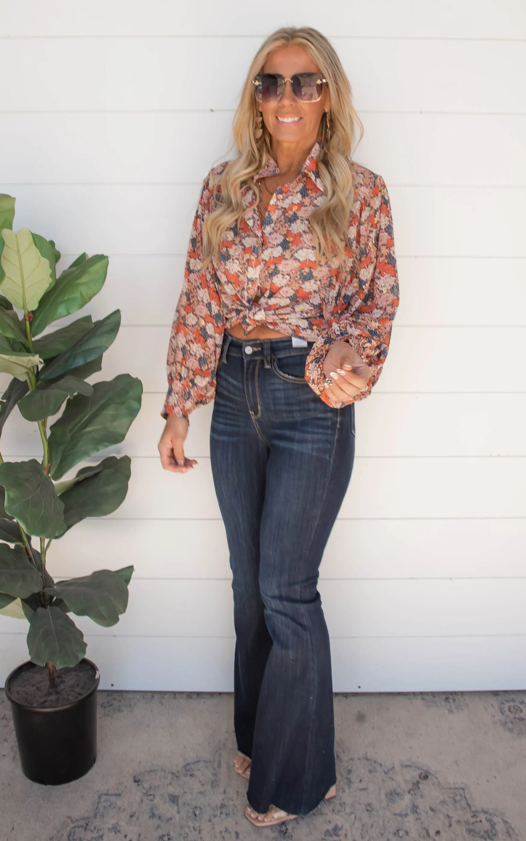 Floral Terracotta Button Down Puff Sleeve Blouse | FINAL SALE