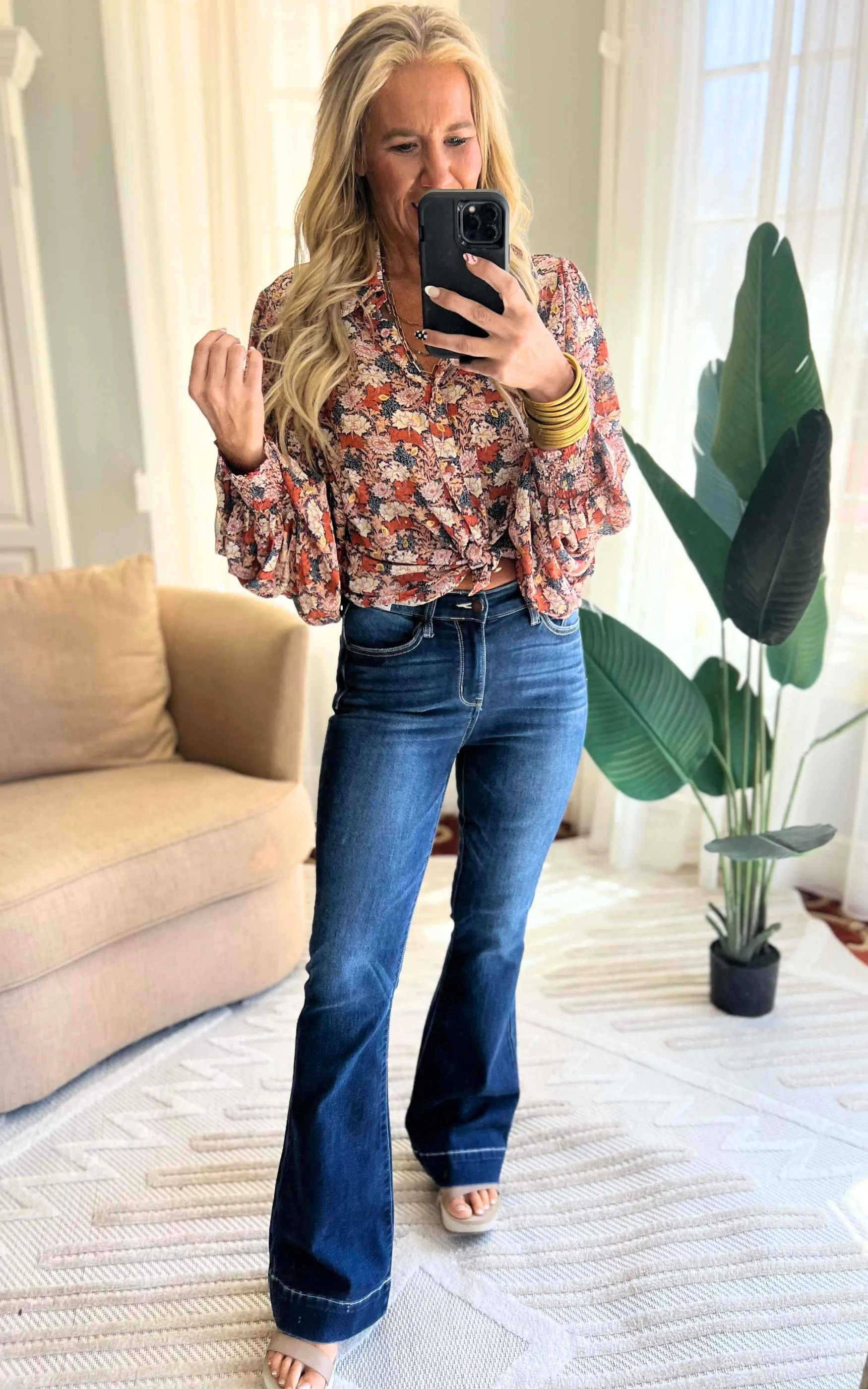 Floral Terracotta Button Down Puff Sleeve Blouse | FINAL SALE