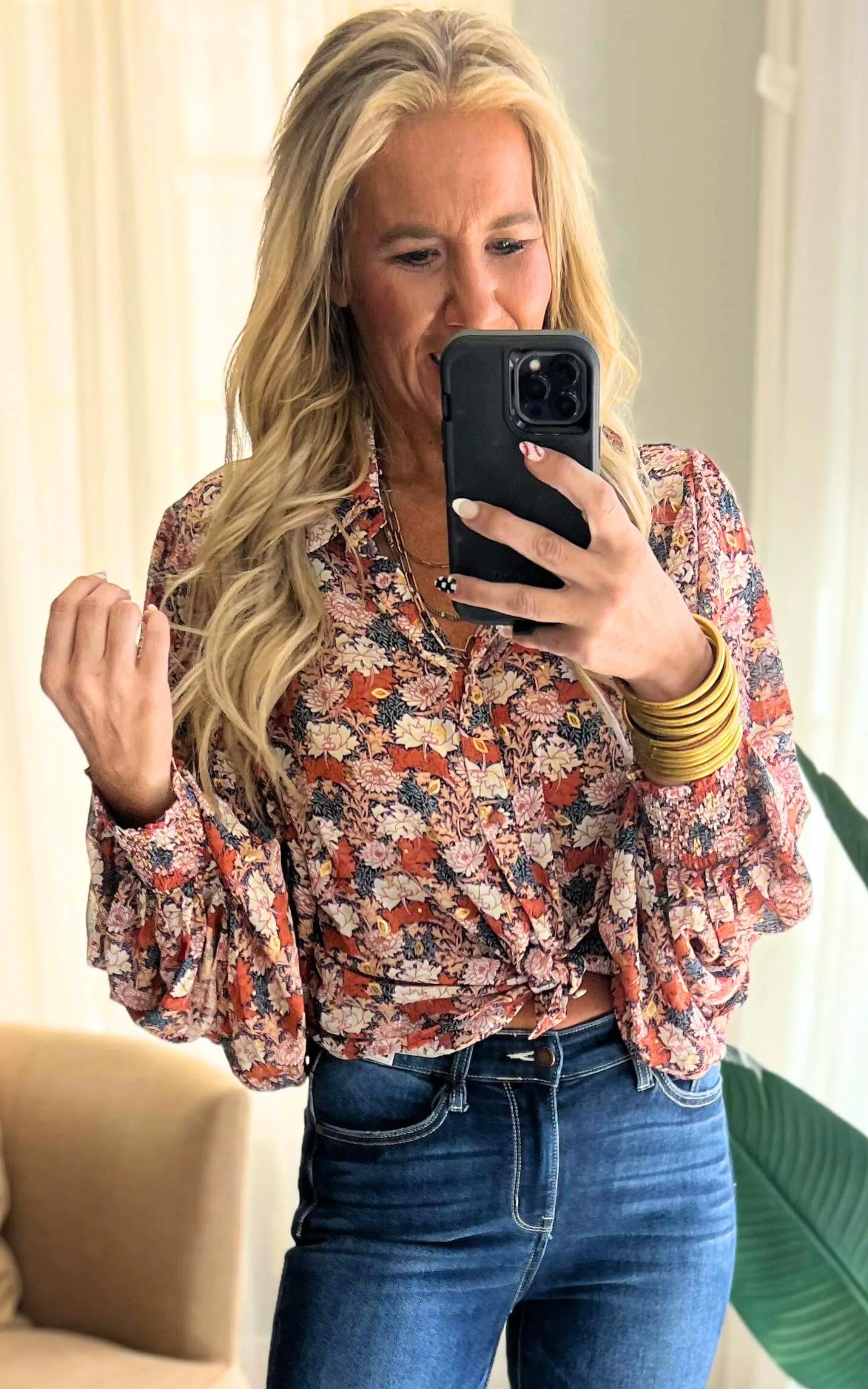 Floral Terracotta Button Down Puff Sleeve Blouse | FINAL SALE