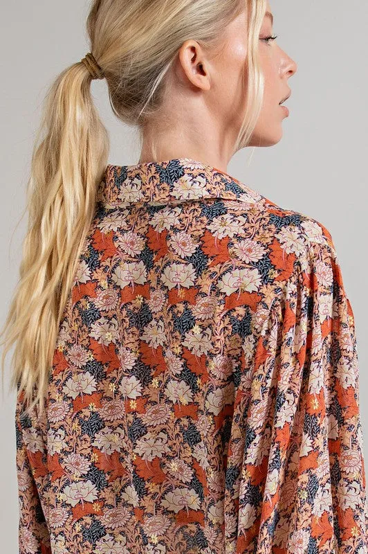Floral Terracotta Button Down Puff Sleeve Blouse | FINAL SALE