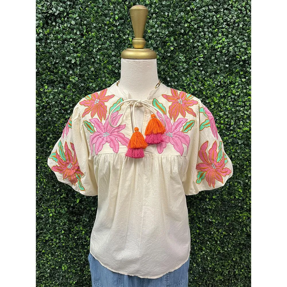 Florence Cream Flower Embroidered Top