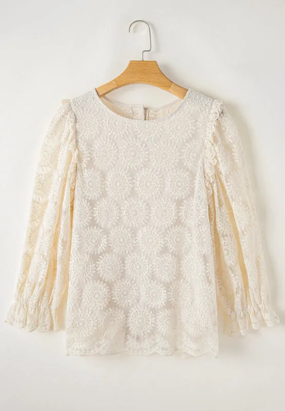Flower Jacquard Flounce Sleeve Blouse