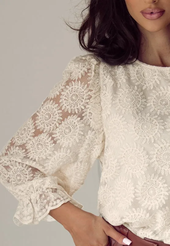 Flower Jacquard Flounce Sleeve Blouse