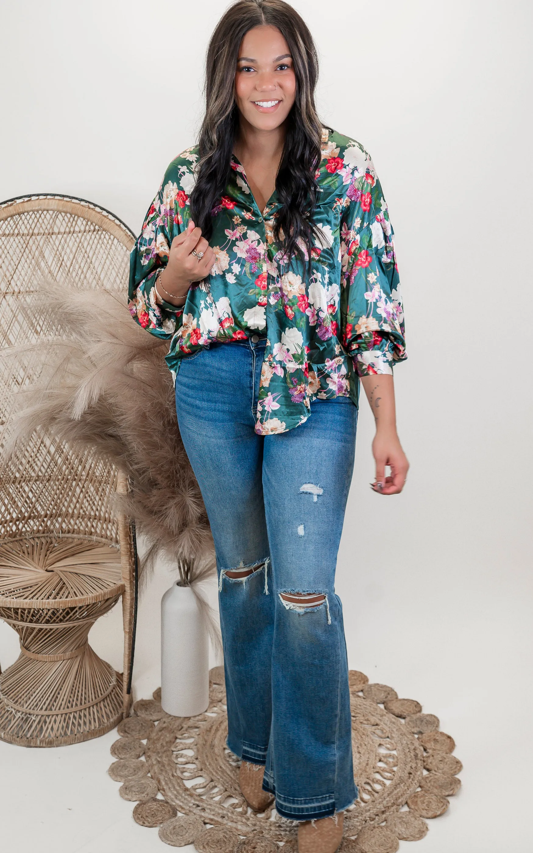Flower Print Button Down Oversized Satin Blouse