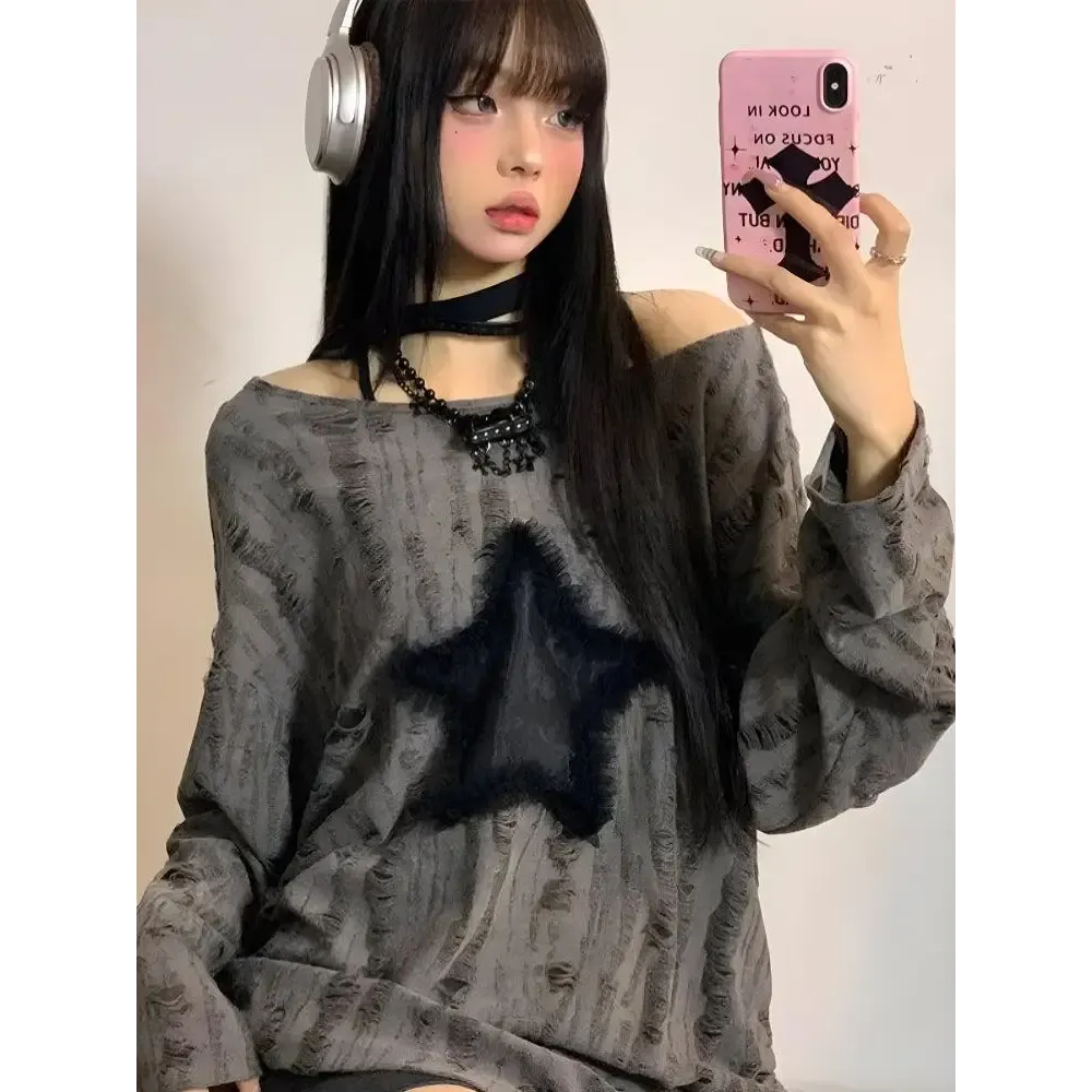 Fluffy Star Patch Sweater for Y2K Grunge Streetwear