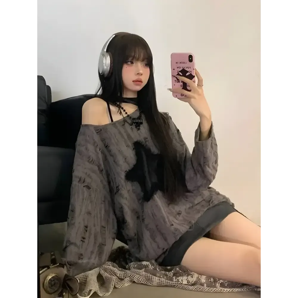 Fluffy Star Patch Sweater for Y2K Grunge Streetwear