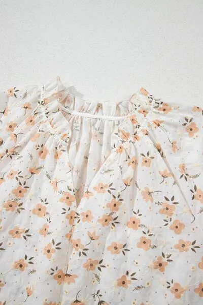 Frill Printed Notched Short Sleeve Blouse