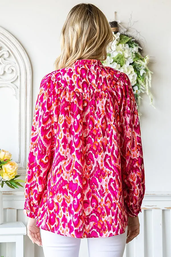Go For It Abstract Button Down Blouse - Fuchsia - Final Sale