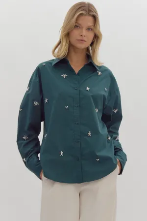 Green Bedazzled Boyfriend Blouse